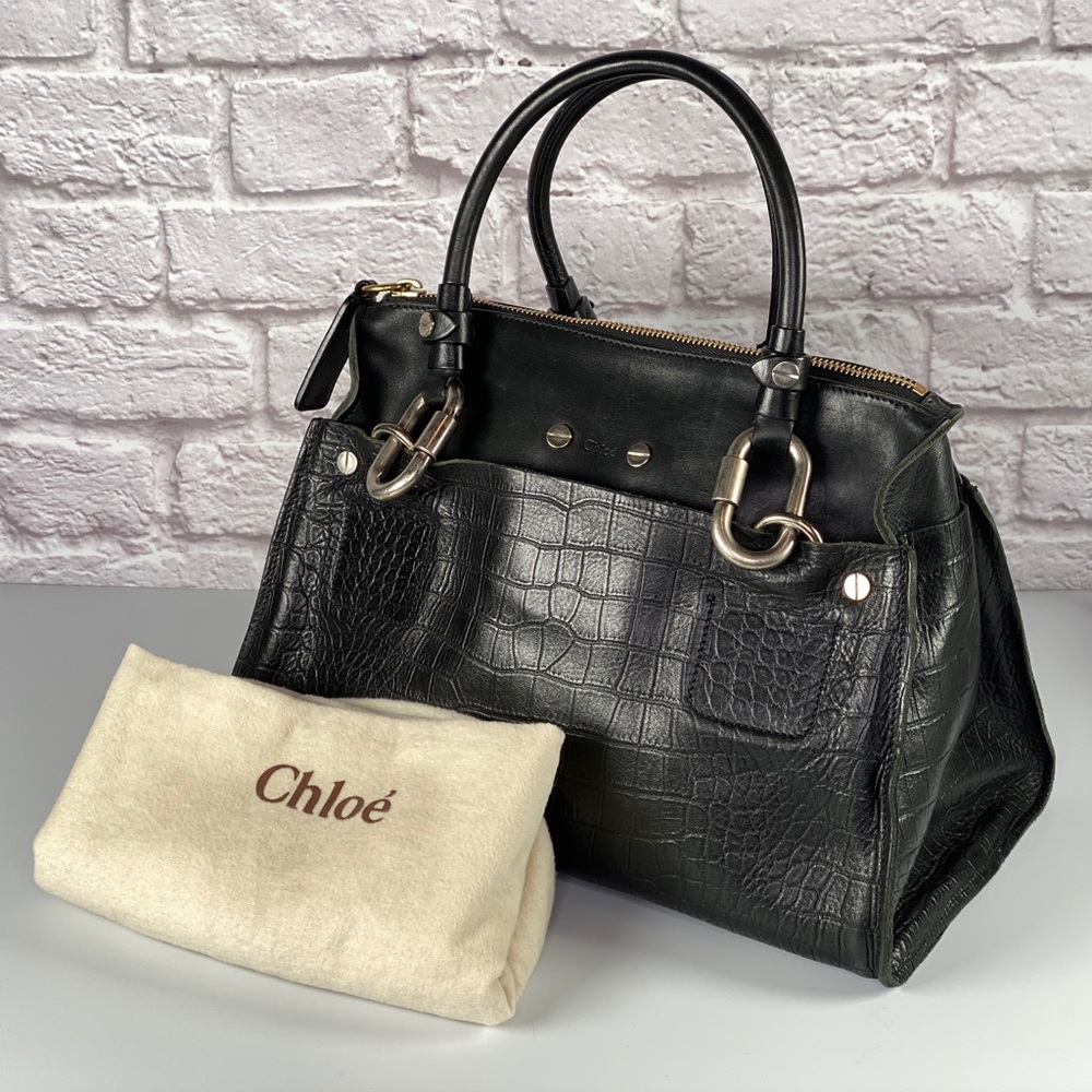Chloé Black Croc-Embossed Leather Satchel with Gold Hardware